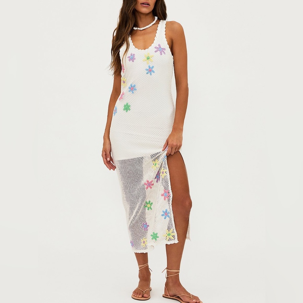 Beach riot - White Crochet Maxi Dress with Colorful Flower Appliqués - Picture 2 of 4